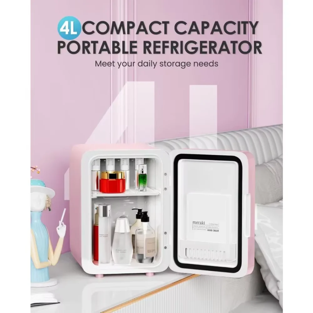 4L Skincare Fridge With LED Light Mirror, for Bedroom, Car, Office & Dorm, Cooler & Warmer, Portable Small Refrigerator