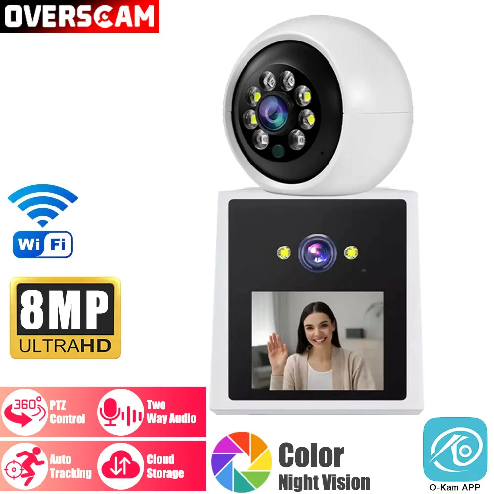 2.4 Inch 4K 8MP Dual Lens Wifi Video Call Camera Baby Monitor Audio Home Security Camera Smart Home Indoor O-Kam Wireless PTZ