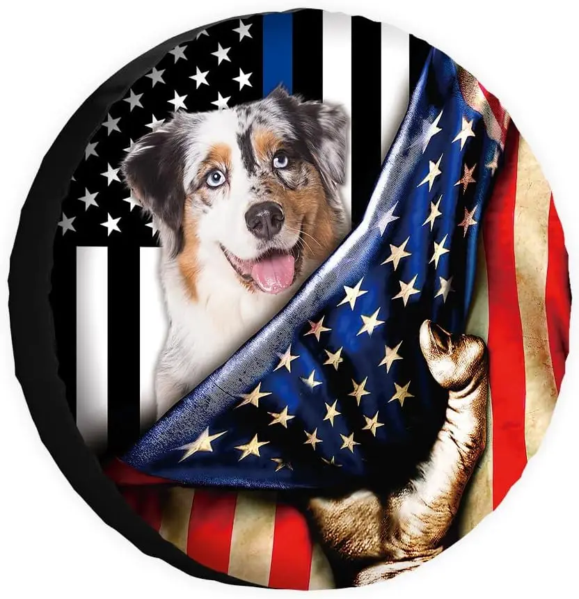 American Flag Spare Tire Cover with Dog Australian Shepherd Wheel Protectors Covers Dust Proof 16 Inch Universal for Trailer