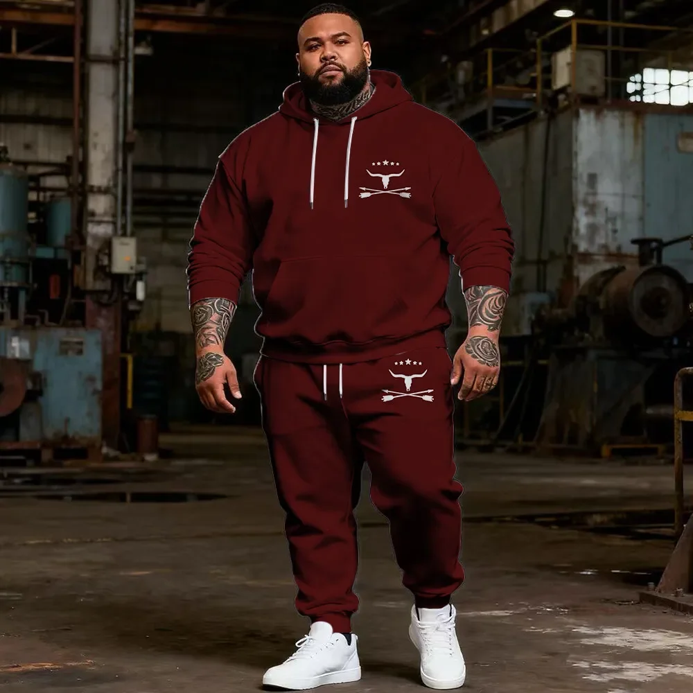Men's Plus Size 2 Piece Western Print Pullover Hoodie and Jogger Pants Set, Bison or Longhorn Chest Emblems, Casual Wear, S-9XL
