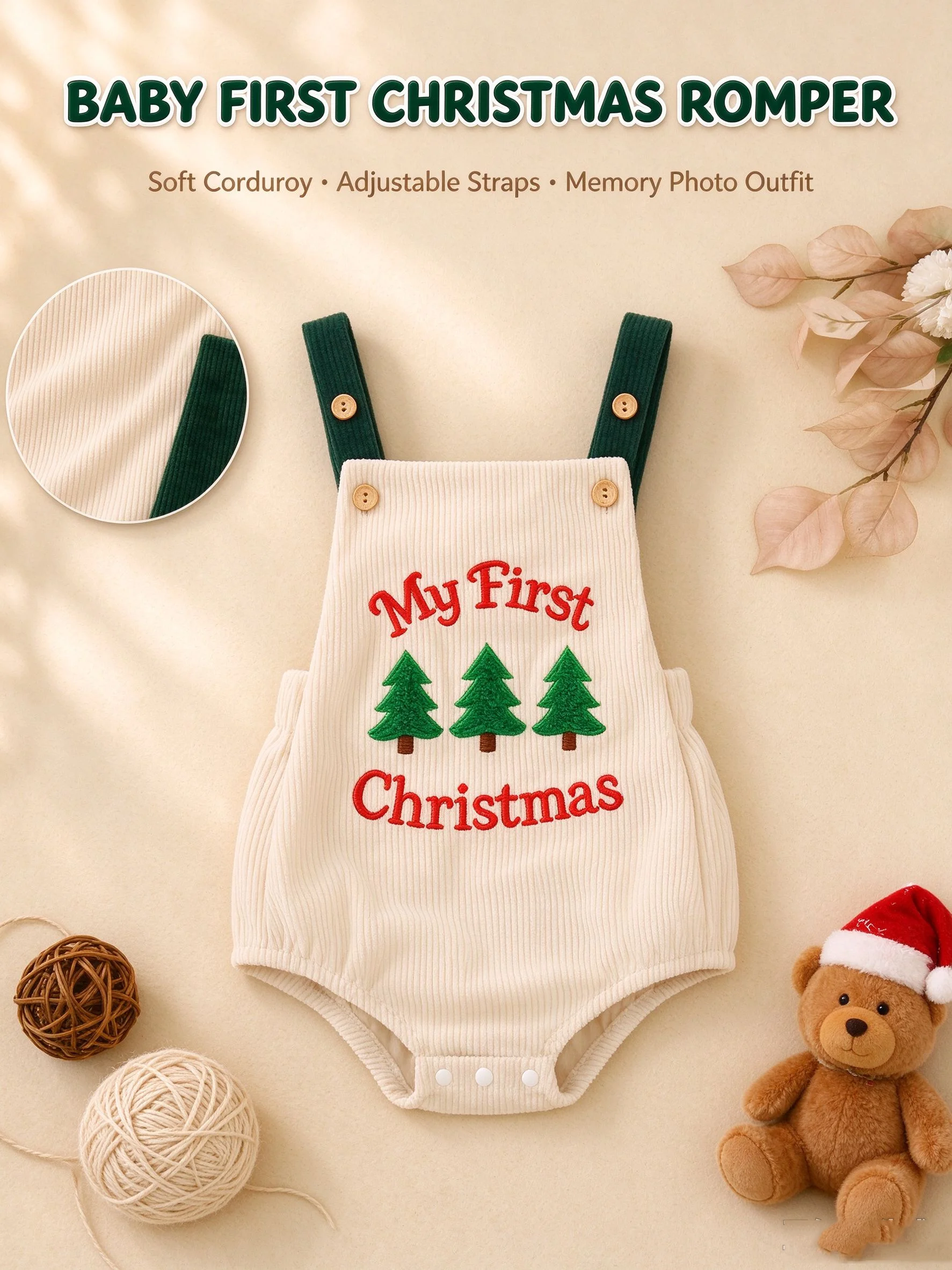 Newborn Baby My First Christmas Suspender Bodysuit Corduroy Christmas Tree Embroidery Infant Sleeveless Holiday Romper Outfit