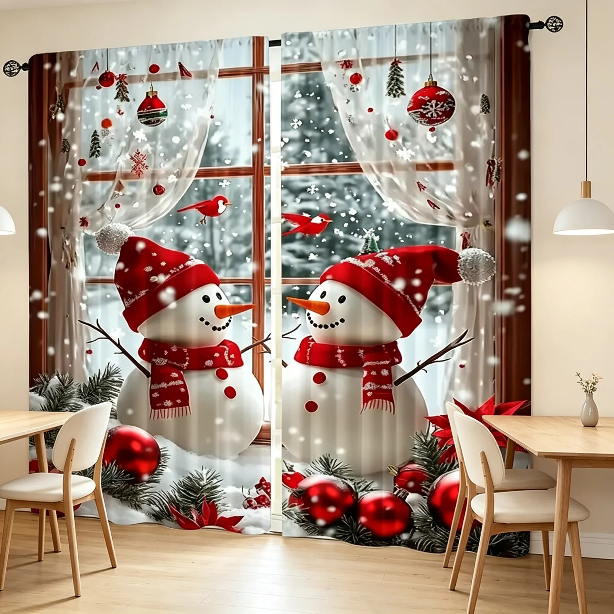 2PCS Digital Print Curtains, Two Snowmen Red Hats Scarves Red Birds Poinsettia Window, Christmas for Living Room Bedroom Decor