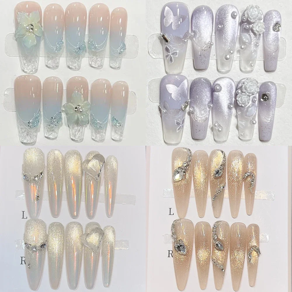 

10Pcs Cat Eyes Long Coffin Stiletto Handmade Press On Nails Glitter Diamond Pearl Flowers Bowknot Gradients Wearable False Nails