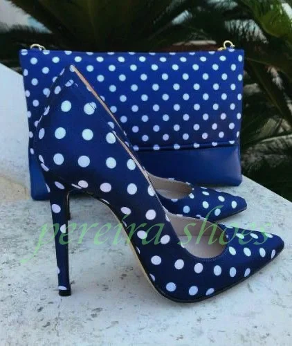 Senhora polka dot azul design bombas de salto alto apontou toe calçado de salto stiletto 12cm branco azul microfone cor festa sexy bombas tamanho