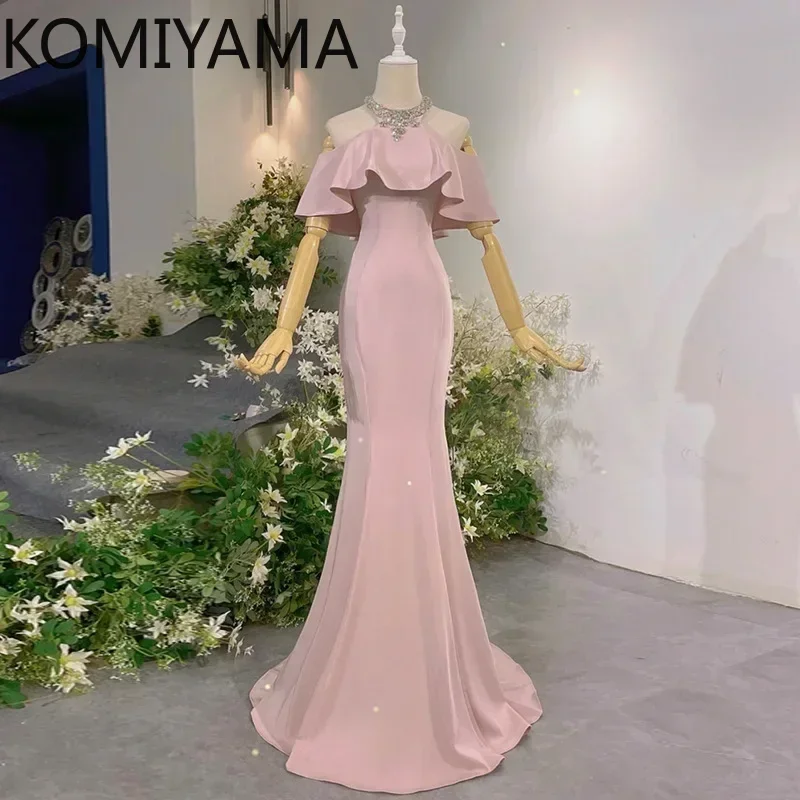 Customized O-neck Beading Design Simple Slim Waist Elegant Wedding Party Dresses Ruffles Shoulder Strapless Prom Dress Trumpet E