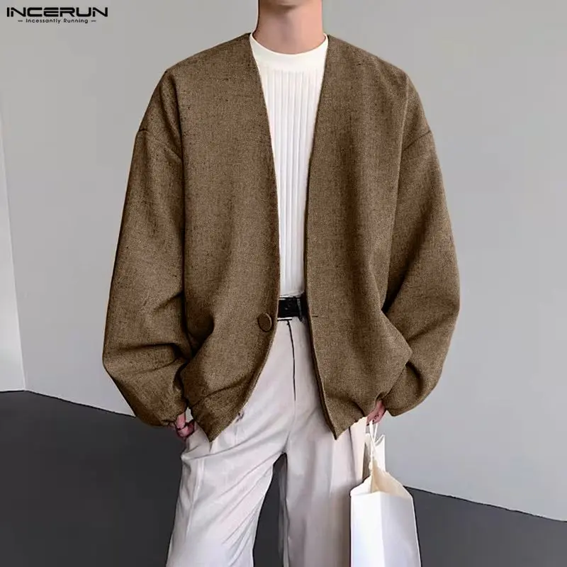 

INCERUN мужские куртки однотонные с длинным рукавом с открытой строчкой повседневные мужские тонкие пальто свободная уличная одежда модный кардиган верхняя одежда для мужчин