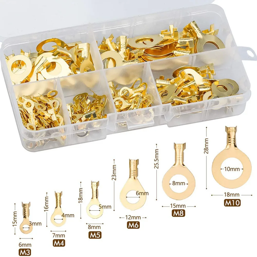 150pcs Insulated Brass Ring Crimp Terminals Wire Connectors Spade Electrical Kit M3 M4 M5 M6 M8 M10 Cable Lugs Set