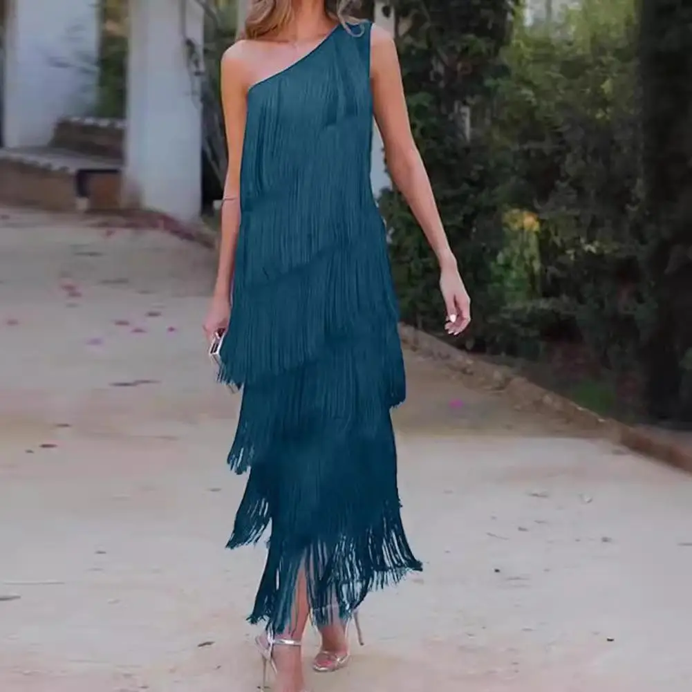 Loose Fit Dress Elegant Fringed Tassel Evening Dress for Women One Shoulder Maxi Dress with Asymmetric Hemline for Cocktail