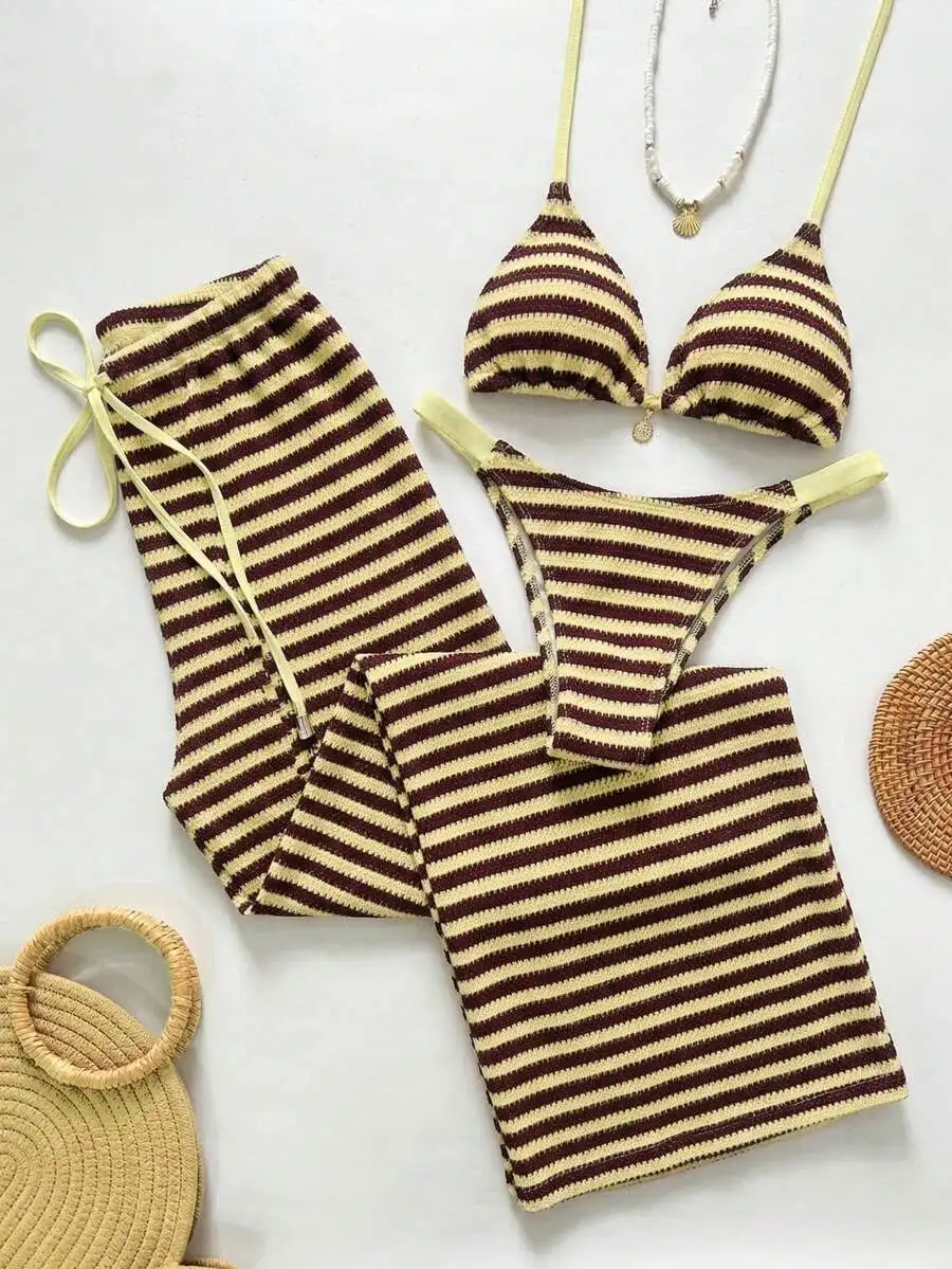 Womens Striped Knit Bikini Set With Beach Pants Three Piece Swimwear