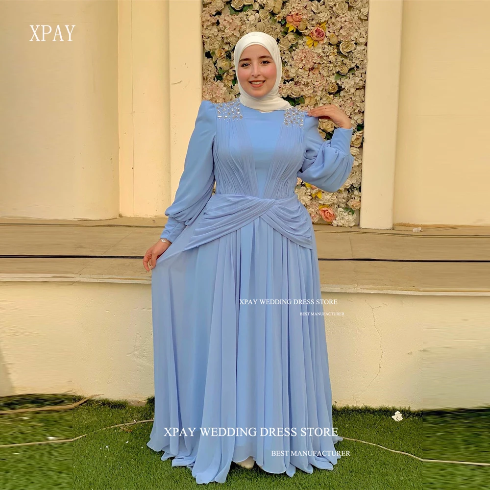 XPAY Modest Light Blue Chiffon Muslim Arabic Women Evening Dresses Puff Long Sleeves Crystal Pleats Formal prom Gowns Plus Size