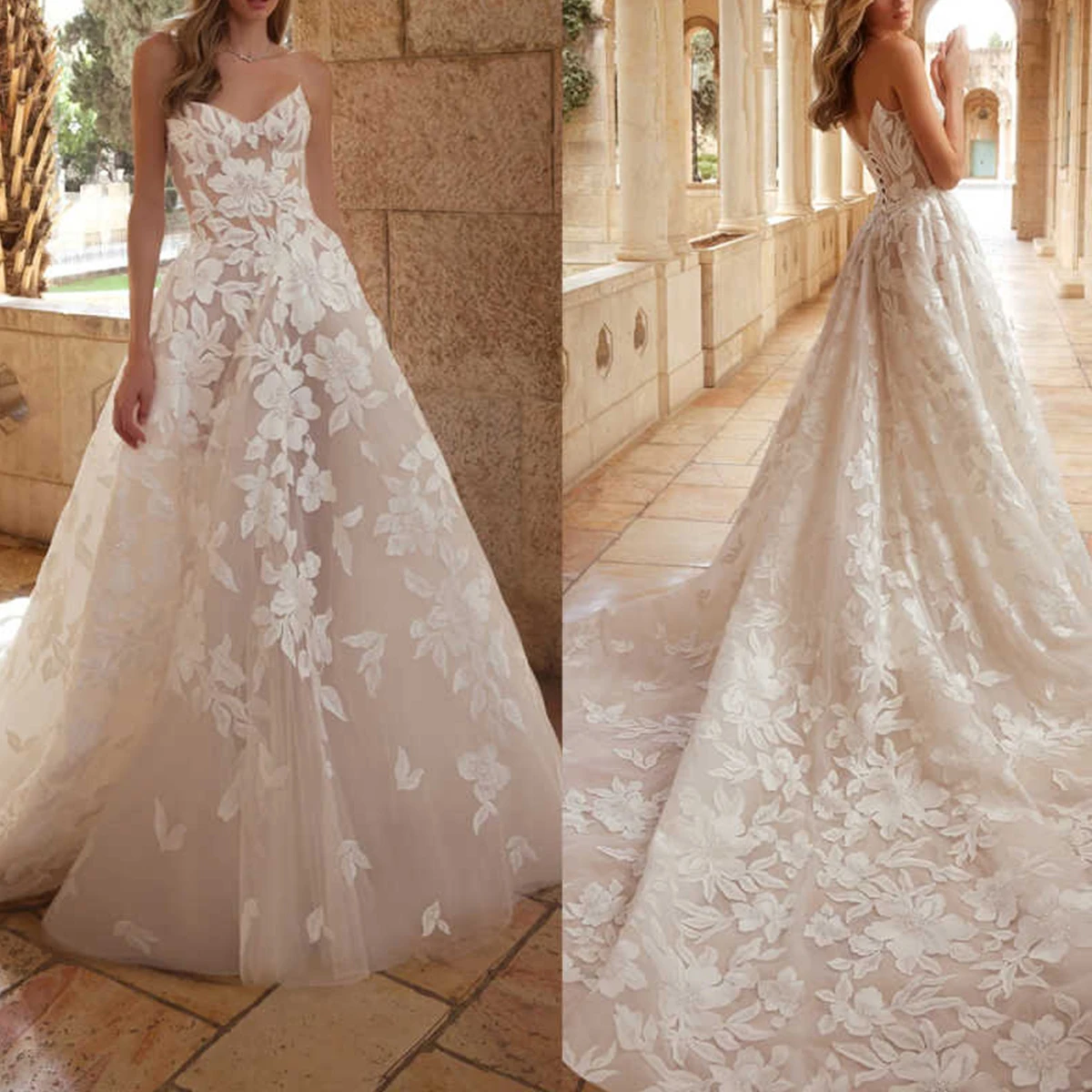 Applique A Line Wedding Dress For Girls Full Lace Wedding Gowns Tulle Luxury Flowers Bridal Ball Prom Dress Customized