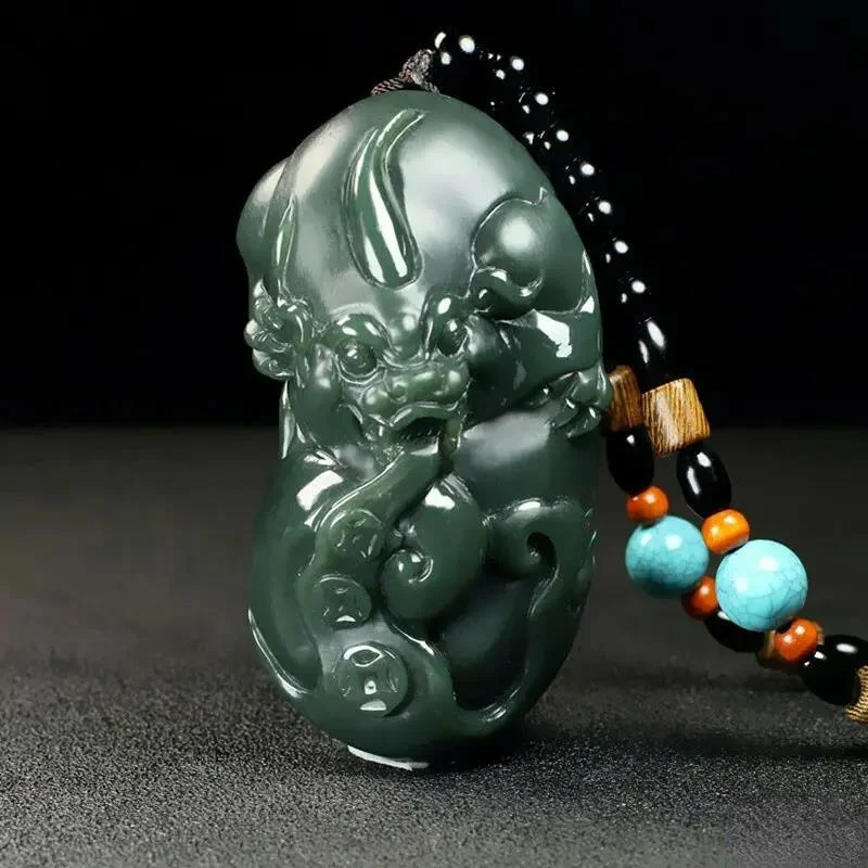 Natural Hetian Jade Carving Pixiu Black Green Pendant Charm Necklace Exquisite Jewelry Men Women Accessories with Chain Gift