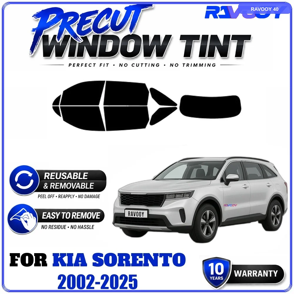 RAVOOY Precut Window Tint, Reusable Removable EPU Film, Custom Fit for Kia Sorento 2002-2025, UV Heat Protection