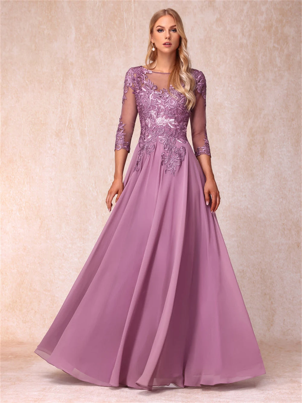 Sequins Appliques Chiffon Mother of thebride Dresses for Wedding Sheer-Neck Three Quarter Sleeve Formal Evening Gown Party Dress