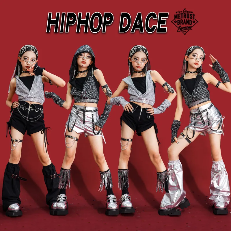 Girls Jazz Dance Costume Kpop Dance Stage Show Outfit Sequin Sleeveless Hoodie Black Shorts Concert Performance Dancewear