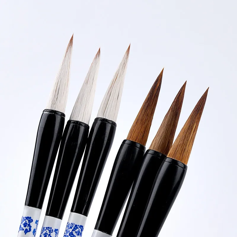 3 Pcs Chinese Writing Brush Set Blue and White Porcelain Pen Holder Traditional Painting Brush Regular Script Calligraphy Pens