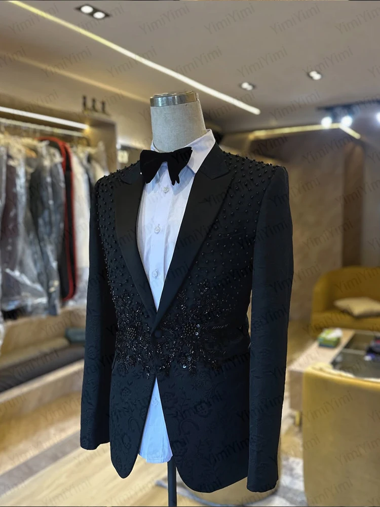 Yimi Customized Elegant Beads Men Suits Slim Fit Peak Lapel Groom Tuxedos 2 Pieces Sets Male Blazer Casual Hombre Evening Jacket
