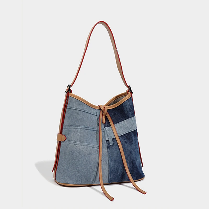 Lazy Style Denim Splicing Tote Bag for Women 2024 New Large Capacity Commuter Canvas Bag Fashionable Shoulder Crossbody Bag