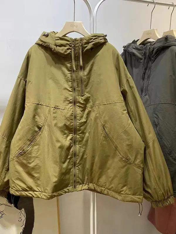 

Sli Loose Lazy Color Hooded down Cotton Jaet Women's New 2025 Winter Thiened Long Sve Zipper Closure Coat