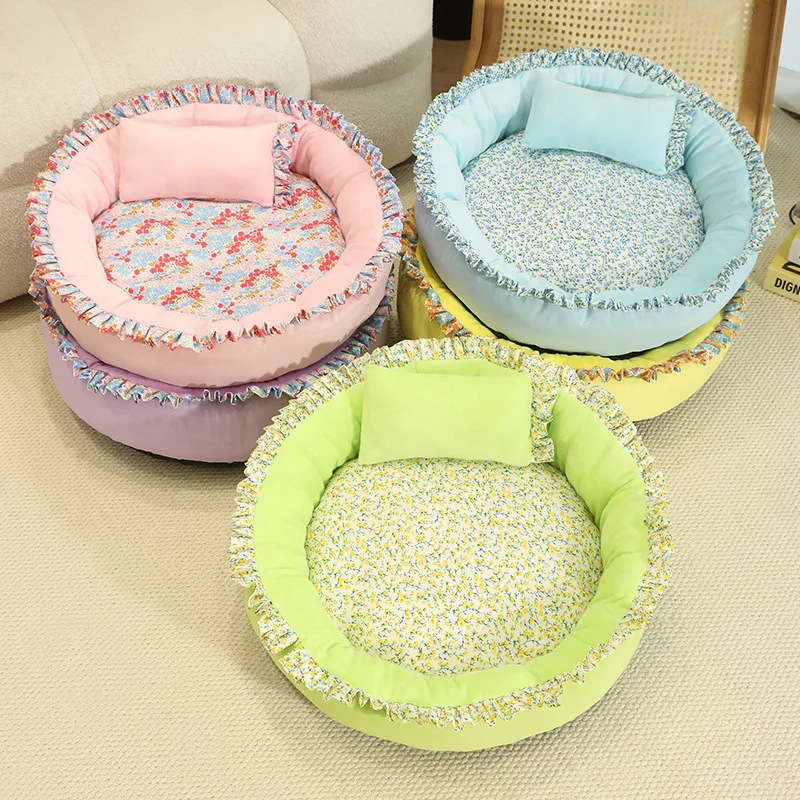 

Dog Bed All Season Universal Cat House with Flower Print Winter Warm Round Small and Medium-Sized Dog Practical Pet Bed Mat