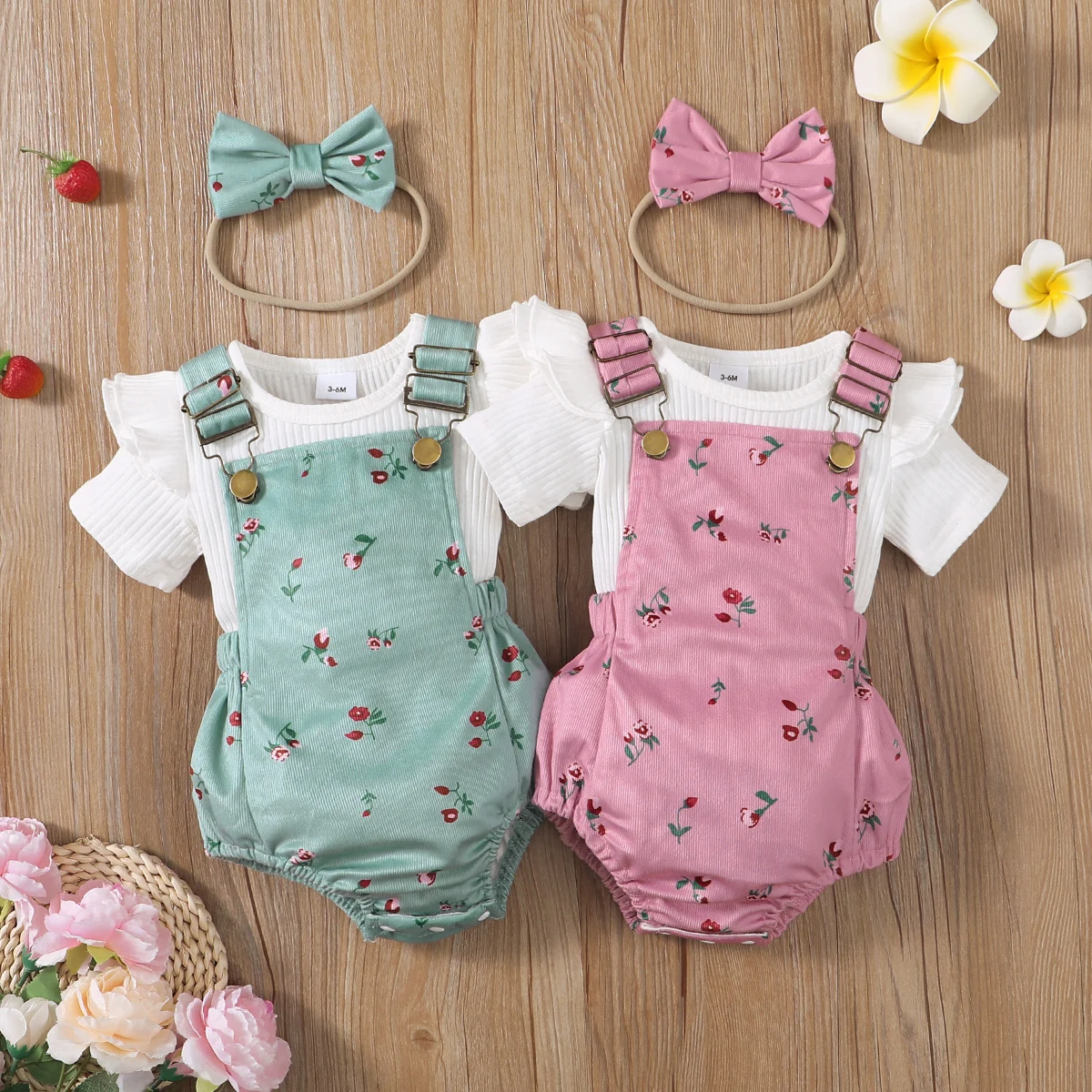 

PatPat 3pcs Baby Girl 95% Cotton Ribbed Ruffle Short-sleeve Top and Floral Print Romper & Headband Set