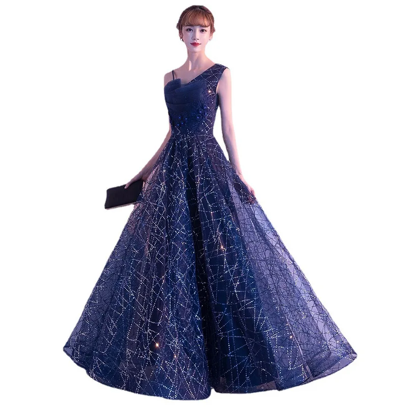イブニングドレス女性のための新しいスタイル 2025 エレガントな星空グラデーションホステスパフォーマンス高貴な女性のドレスブルー夏