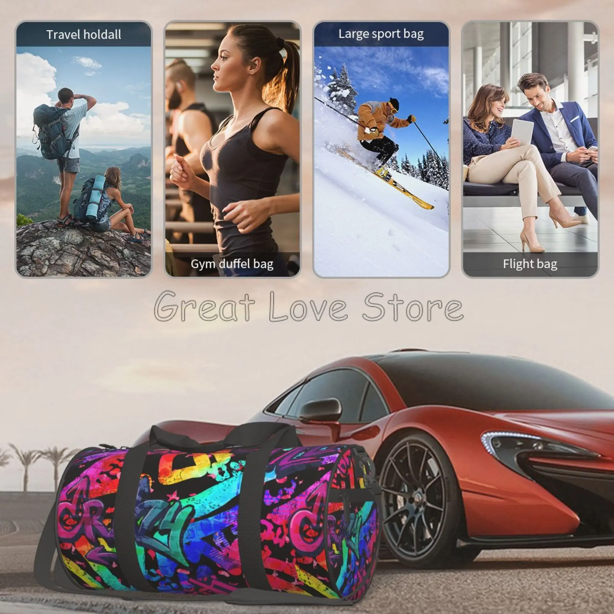 Graffiti Art พิมพ์กระเป๋าเดินทางบทคัดย่อการ์ตูนกันน้ําทนทานกระเป๋าถือ Weekender กระเป๋าค้างคืนกีฬายิมกระเป๋าโยคะ