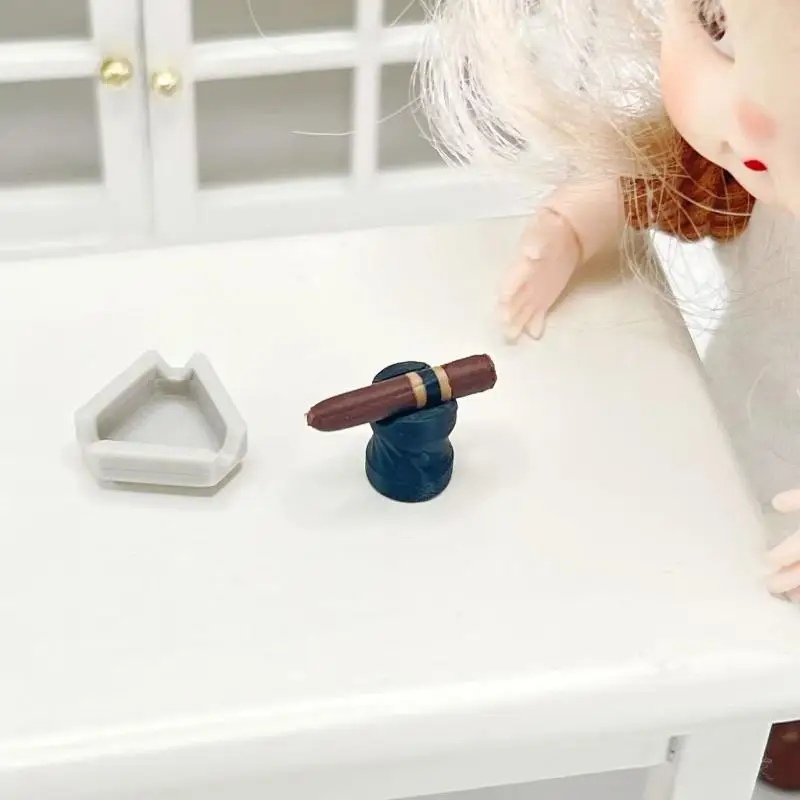 1 Set Mini Cigarette Ornament Pretend Play Toys 1/12 Dollhouse Simulation Cigar Ashtray Kit Model Dolls House Decor Accessories view 4