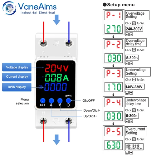 Imagen 2 del producto Protector de relé de voltaje 220v 40A 63A 80A carril Din dispositivo de protección de sobretensión ajustable limitador de corriente 220vac