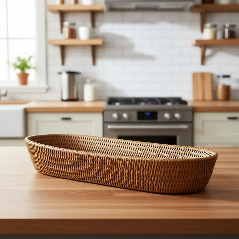 

Large Woven Rattan Bread Basket for Kitchen Storage and Boho Decor