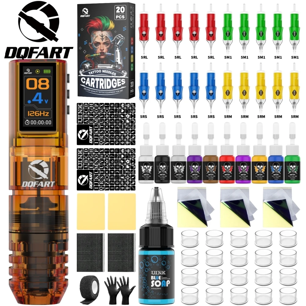 DQFART New P3 Led Digltal Display Electric Wireless Tattoo Machine Set Tattoo Ink Tattoo Needles Transfer Printing Gel Body Art