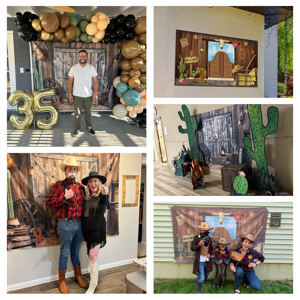 Western Cowboy Backdrop Rustic Wooden House Barn Door Photography Background for Kids Boy Birthday Party Banner Decoration Props