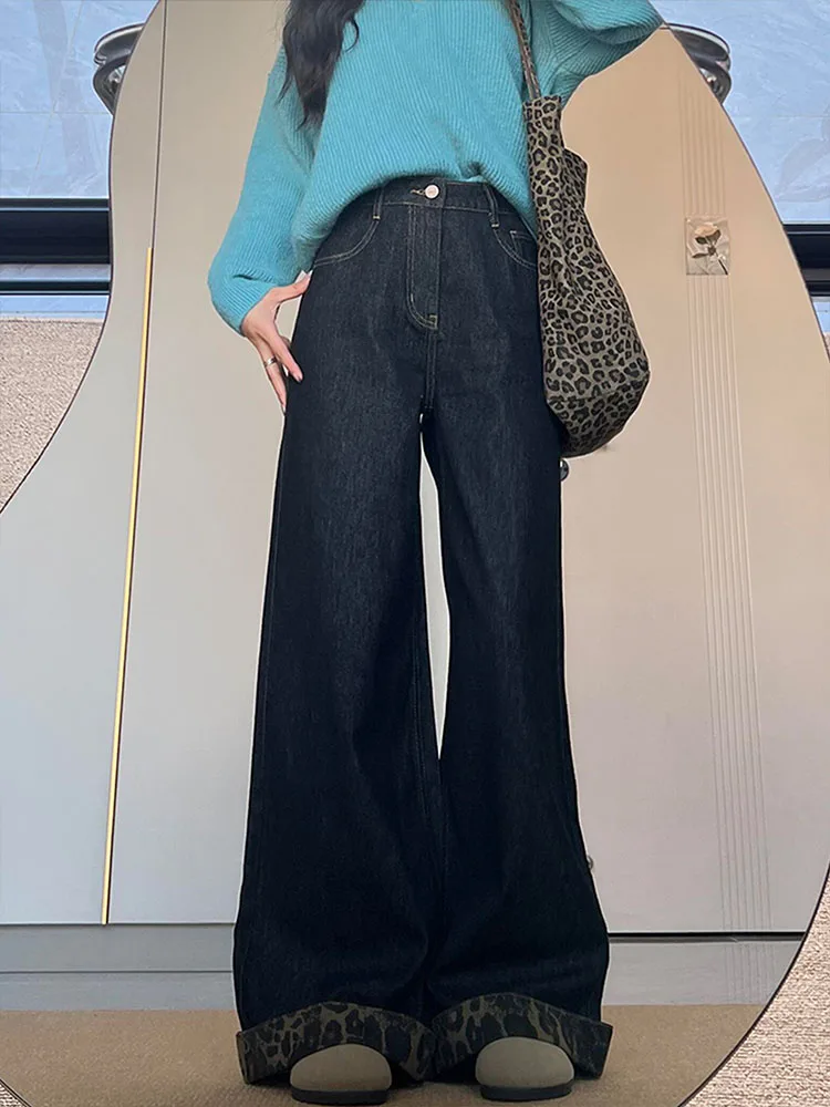 العصرية بلا ليوبارد طباعة واسعة الساق الجينز المرأة عادية عالية الخصر الدنيم السراويل ربيع الخريف حجم كبير طالب الطابق طول