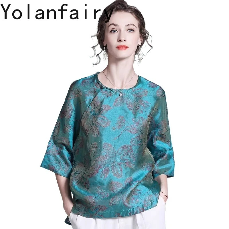 

YOLANFAIRY Элегантная женская блузка из 100% натурального шелка тутового шелкопряда, модная рубашка с цветочным принтом, весна-лето 2026, синие топы для женщин