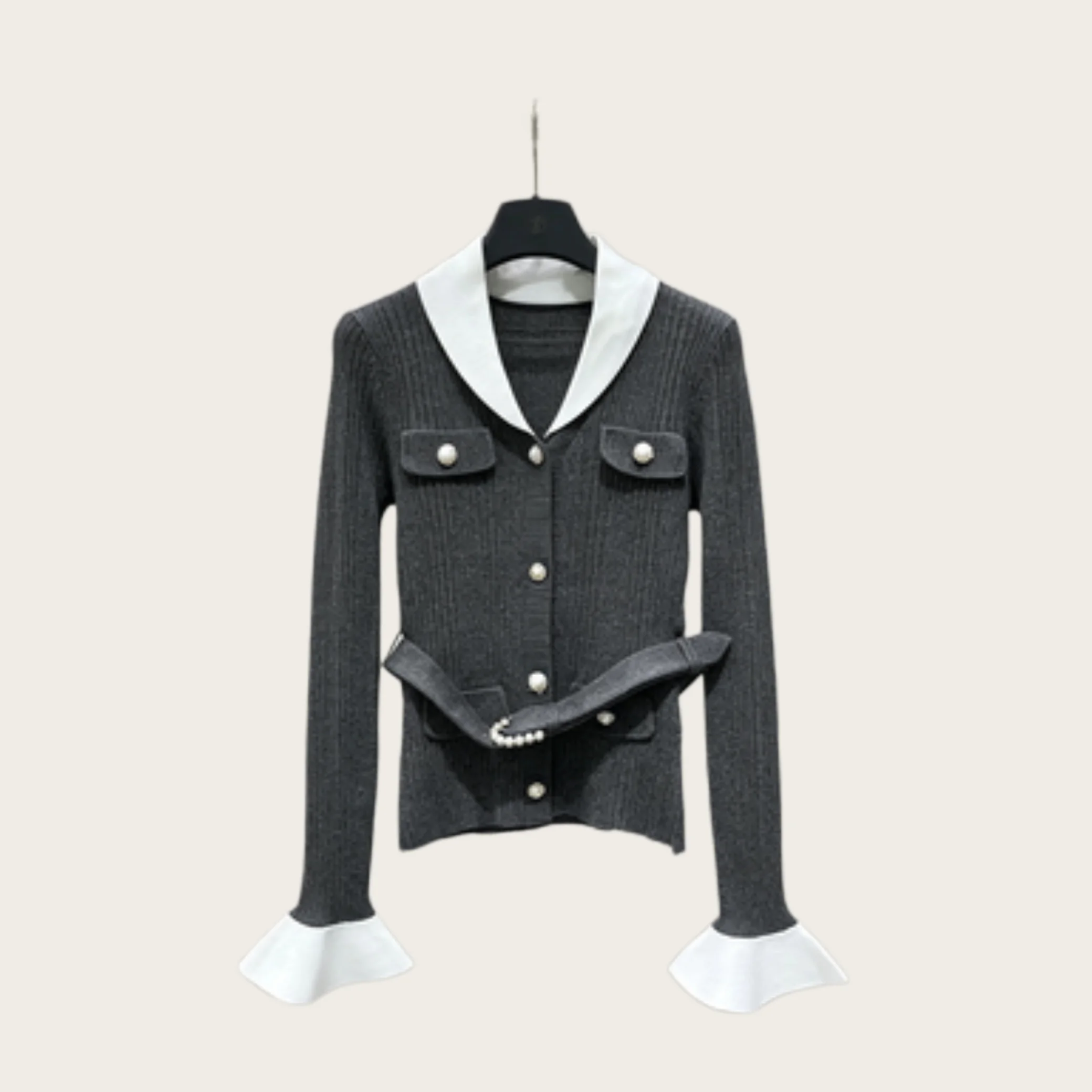 Women Contrast Lapel Knit Cardigan Pearl Belt Slim Fit Elegant Sweater