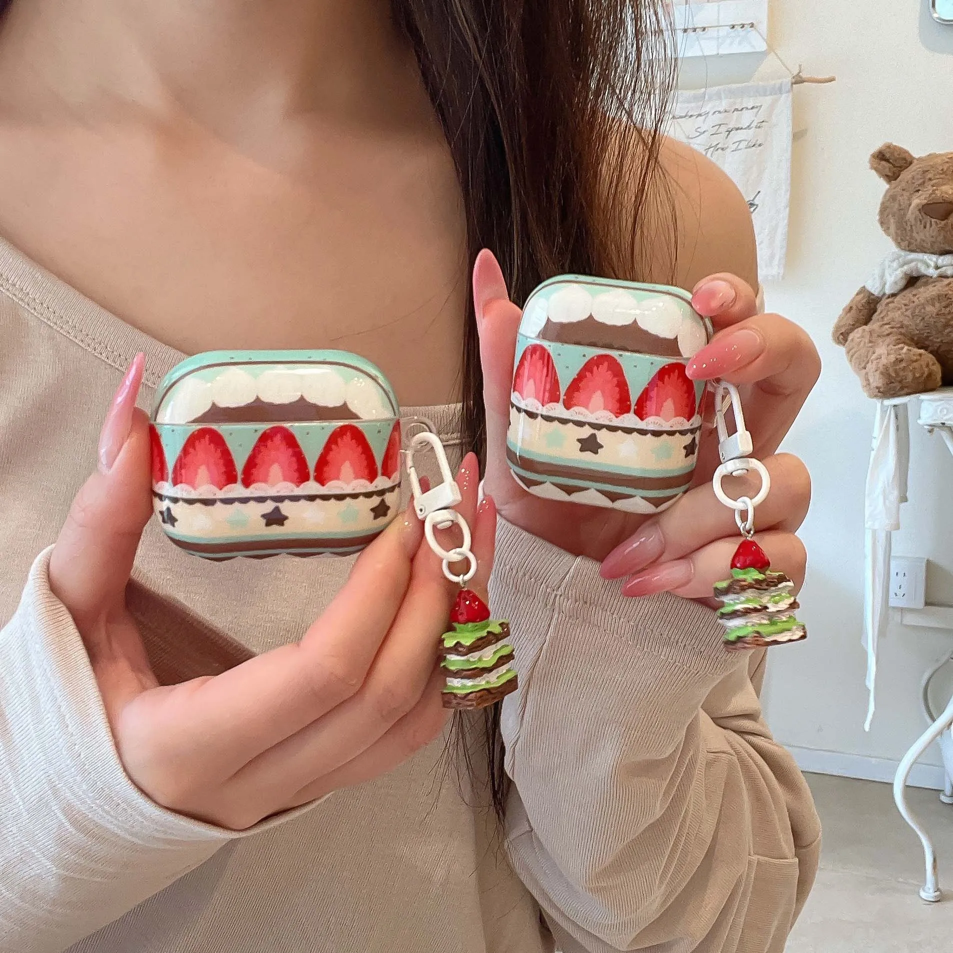 Cute chocolate strawberry sweet cake imd earphone case cartoon for apple airpods 4 3 2 1 pro 2nd wireless bluetooth charging box - view 5