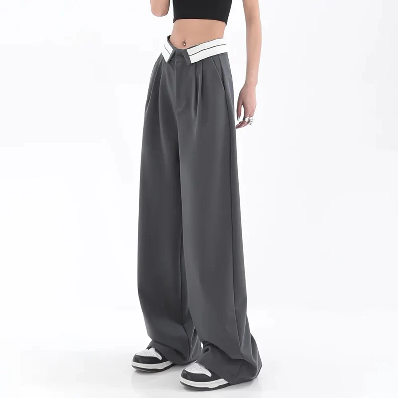 

Loose Wide Leg Pants Women Korean High Waist Straight Streetwears Casual Fashion Solid Color Loose Pocket Design Female Trouser