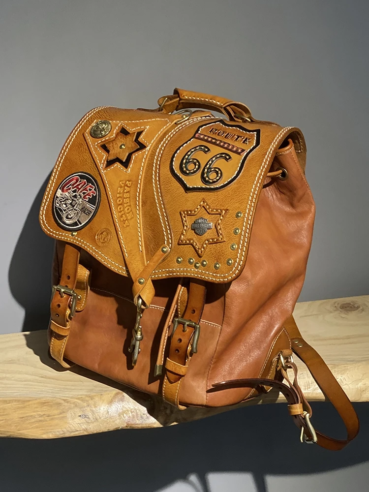 PNDME vintage high-quality genuine leather men's large-capacity backpack designer handmade real cow leather travel schoolbag