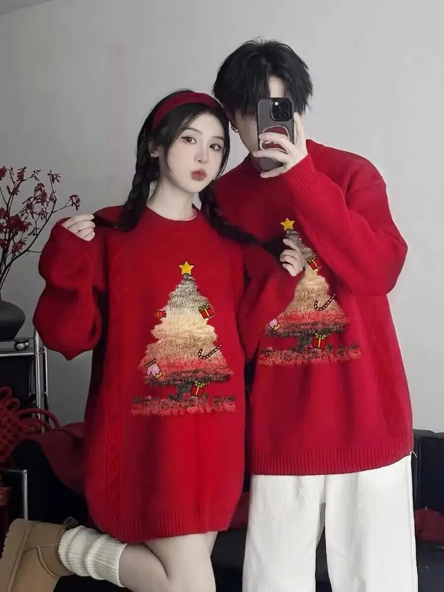 Christmas Couple Outfits Autumn and Winter 2024 Red Cartoon Christmas Tree Loose and Cute Sweater Outfit