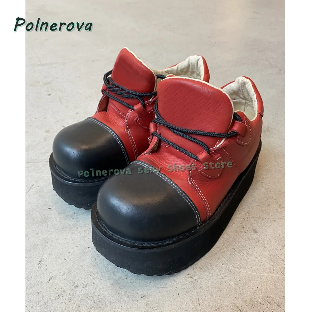 Women's Red Black Colorblock Platform Chunky Sneakers Lace Up Gothic Punk Y2K Round Toe Casual Ankle Boots 2026 New Style Trend