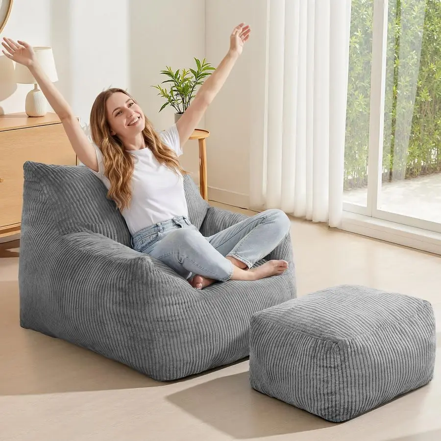 

Bag Chairs with Ottoman, 3FT Beanbag Chair for Teens or Adults PreFilled Fluffy Lazy Chairs Comfy Chair for Bedroom Living Room