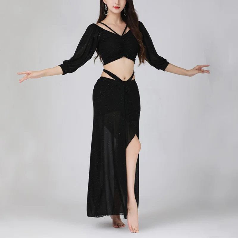 2PCS Women Oriental Belly Dance Lesson Wear Set Top Elegant Shirt Adult Practice Clothes Female Dancing Dancewear Performance