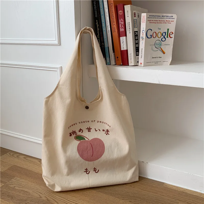 Peach Canvas Tote Bag Purses and Handbags for Women Shopper Cute Designer Shoulder Bag Japanese Kawaii Style Print Eco Bag