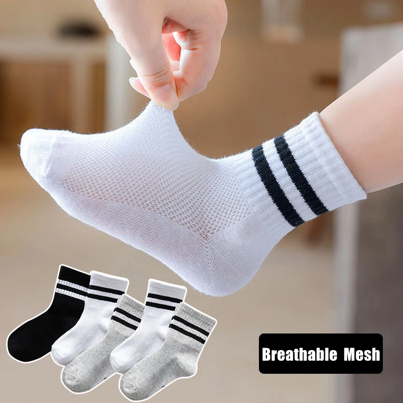 

1 Pairs Summer Breathable Mesh Children Socks Solid Color Cotton Girls Boys Mid Socks Kids Stripe Sports Socks For 3-12 Years