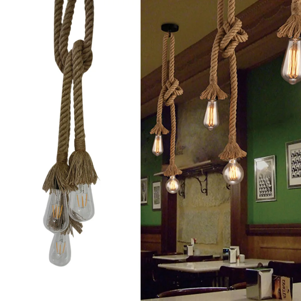 ريفي حبل القنب قلادة مصباح 1 متر واحد ثلاثة رئيس E27 معلقة ضوء لغرفة النوم مطعم مقهى بار ديكور المنزل الإبداعي #6