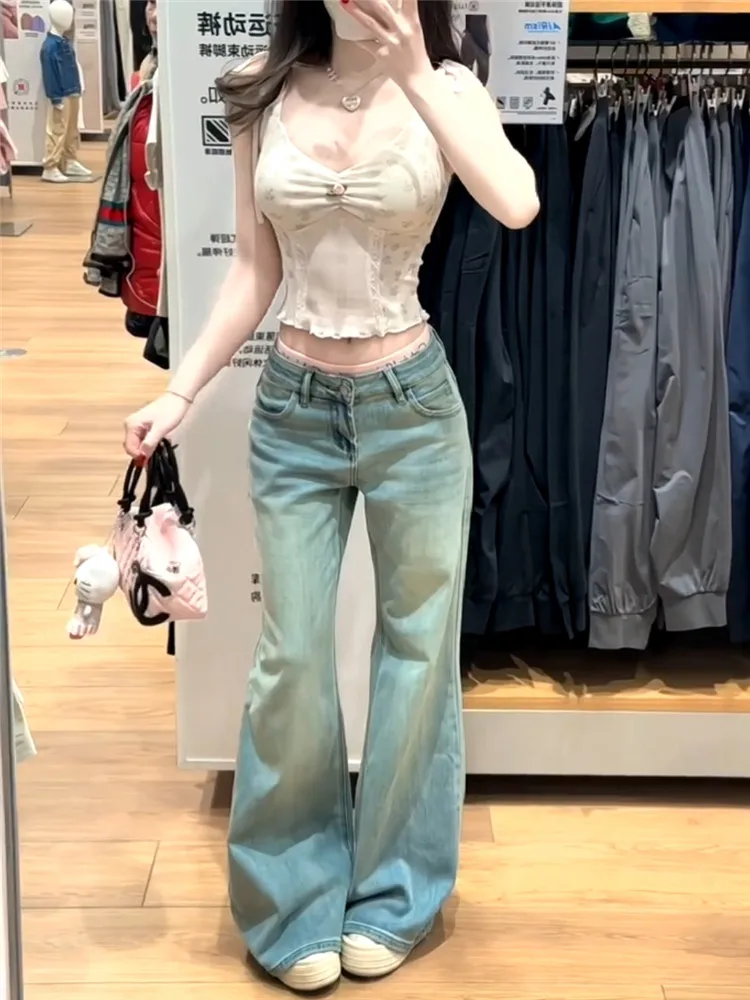 

Extended Length Loose Fit Floor Length Blue Low Waist Bell Bottom Jeans Women's Spring Autumn American Vibe Loose Hanging Pants