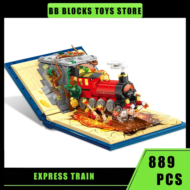 

MOC Creative Series Express Train with Light Magic Book Toys Model Building Blocks Bricks Birthday Gifts Children Kids DIY