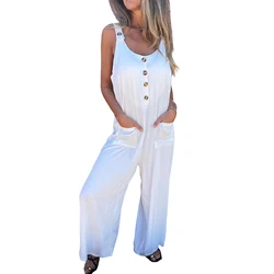 Casual Loose Jumpsuit Women's Wide Leg Pants Summer New Jumpsuit Vertical Side Buckle Cotton Linen Pocket Pants Work Clothes