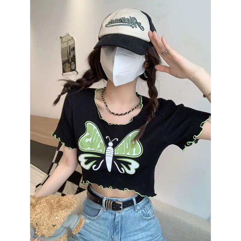 Summer Trend Printing O-neck Short Sleeve Top Tee Femme Sweet Pleated Pullover Slim Thin T-Shirt Women Clothing Fashion Crop Top