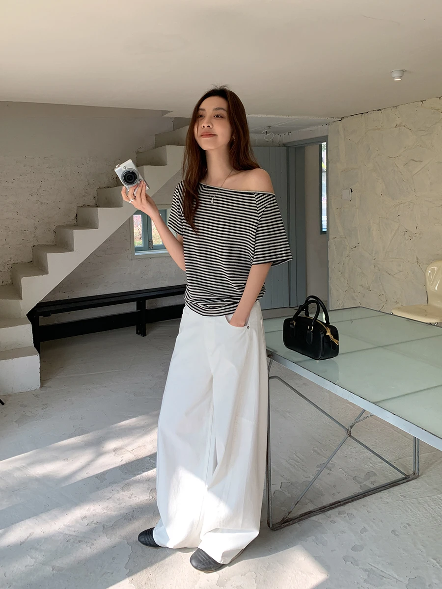 

Белые джинсы с разрезами, женские, свободные, прямого кроя, повседневные брюки Four Happin Home, универсальные, из хлопкового денима